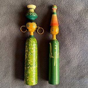 Set of 2 Mid-Century Vintage Wooden Hand Painted Spool People Rare and So Cool!